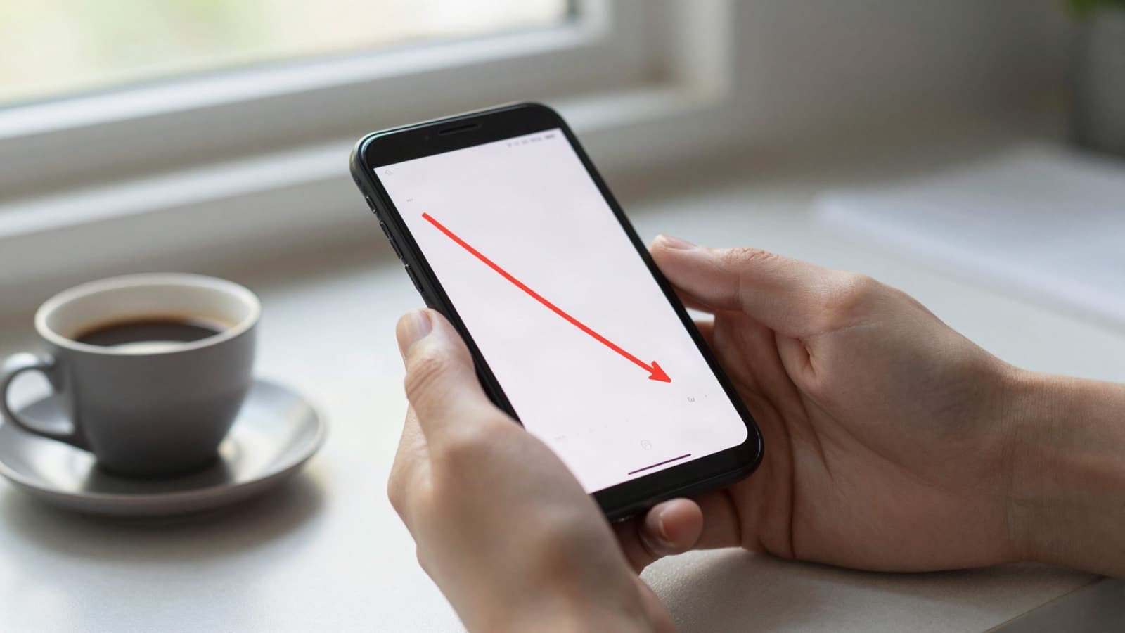 Hands holding a phone that shows a falling red line, a cup of coffee beside it.