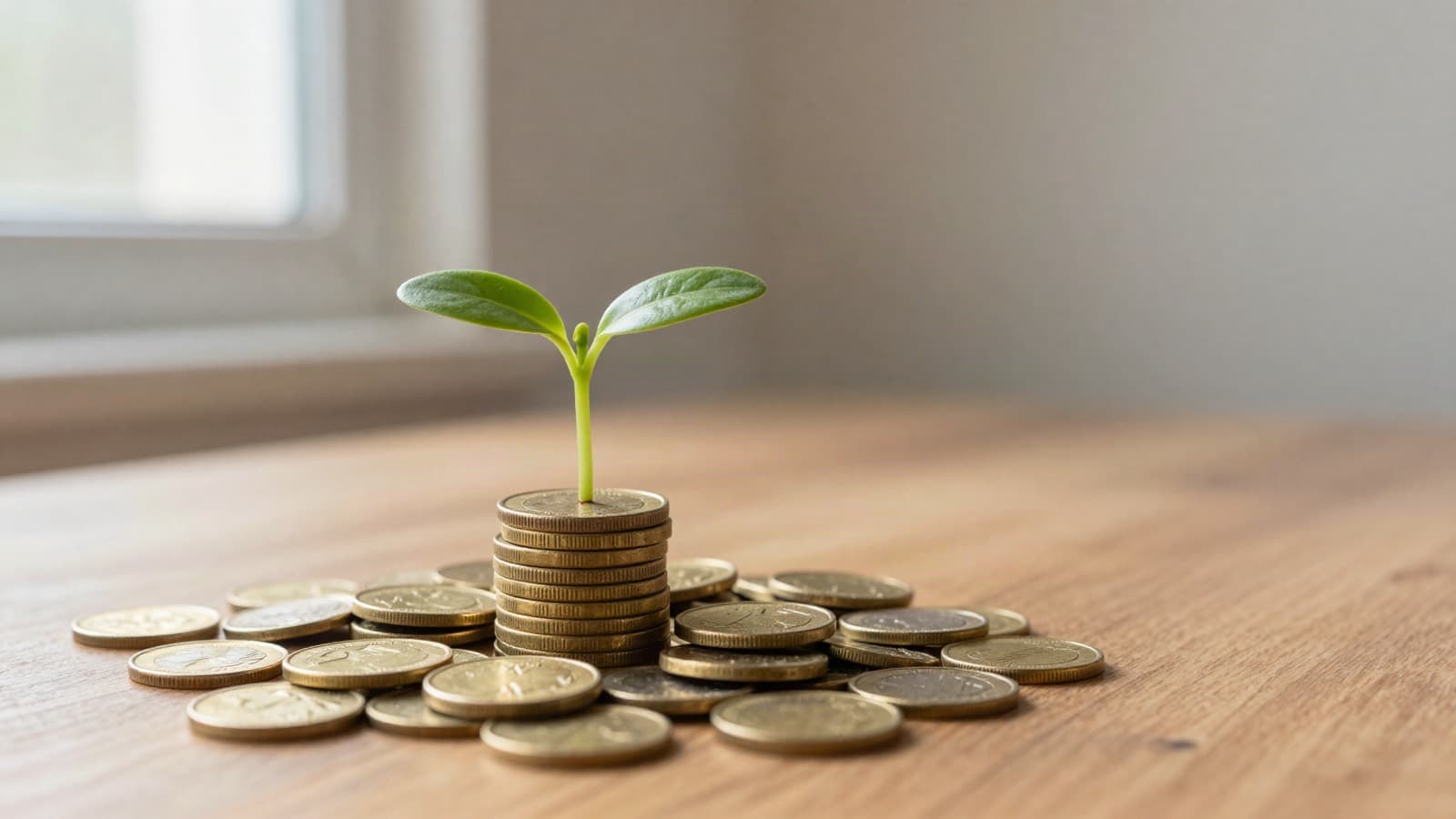 A green seedling growing out of a stack of coins on a wooden table.